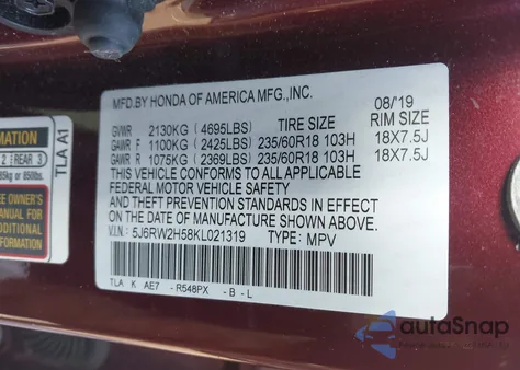 2019 Honda Cr-V Ex из США, поврежденный, VIN 5J6RW2H58KL021319